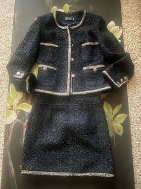 Classic Navy Sparkle Tweed Two-Piece Skirt Set